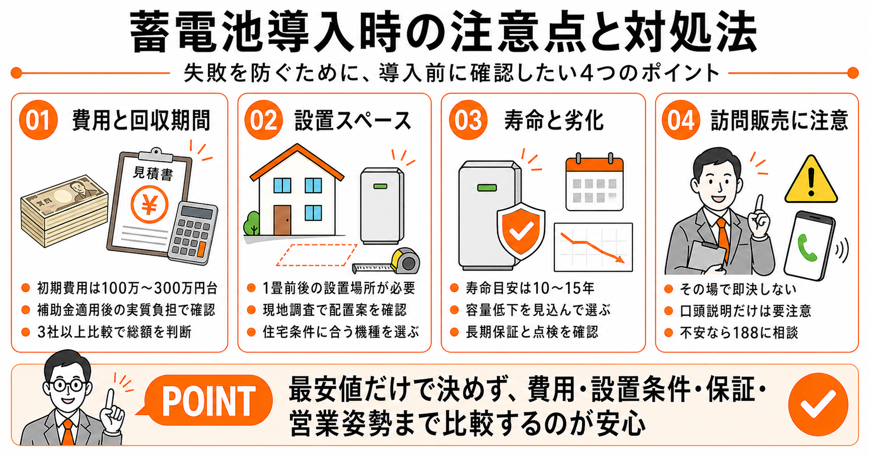 蓄電池導入時の注意点と対処法｜費用・設置スペース・寿命・訪問販売
