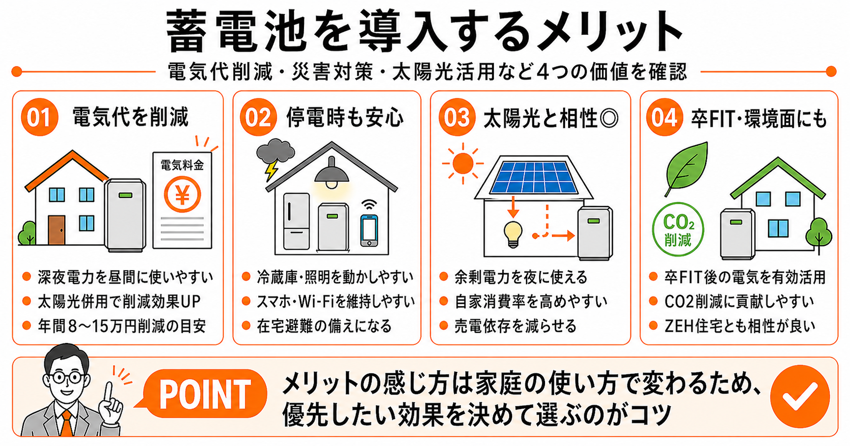 蓄電池を導入するメリット｜電気代削減・停電対策・太陽光活用・卒FIT対応