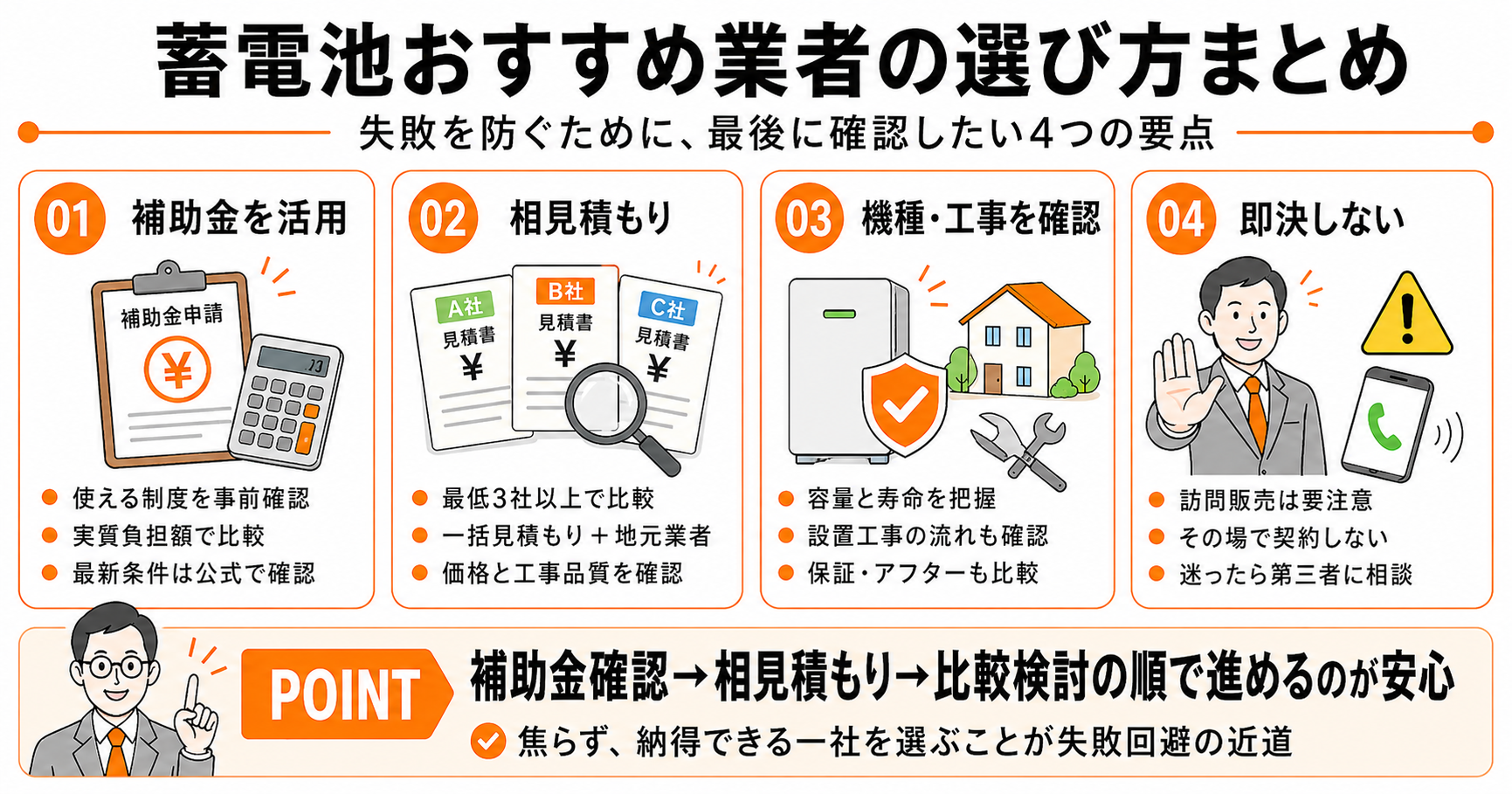 蓄電池おすすめ業者の選び方まとめ｜補助金・相見積もり・機種選び・即決回避