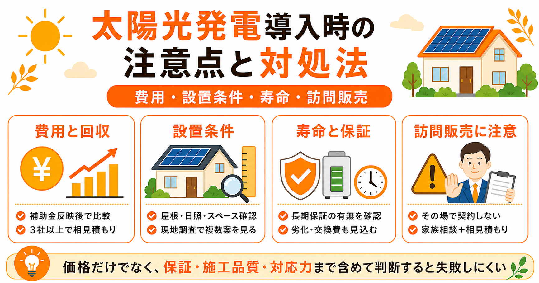 太陽光発電導入時の注意点と対処法｜費用・設置スペース・寿命・訪問販売
