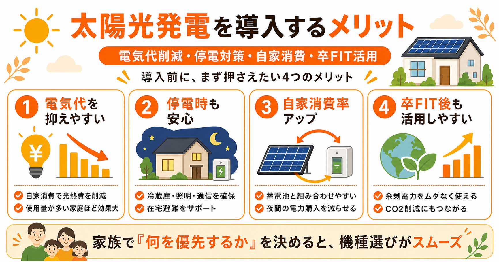 太陽光発電を導入するメリット｜電気代削減・停電対策・太陽光活用・卒FIT対応